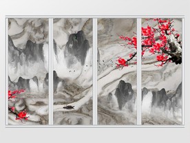 大理石纹理山峦流水梅花移门