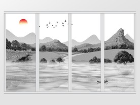 新中式山水风景飞鸟水墨移门