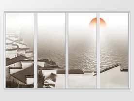 新中式水墨江南水乡日出移门