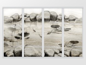 新中式水墨石头荷花池游移门