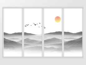 新中式水墨高清远山群鸟日出移门