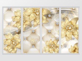 3d金色镶钻珠宝花朵移门