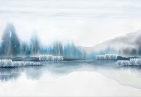 淡蓝山水树林水墨新中式玄关屏风