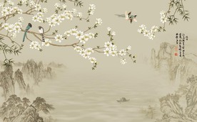 清新新中式水墨山水飞鸟手绘玄关