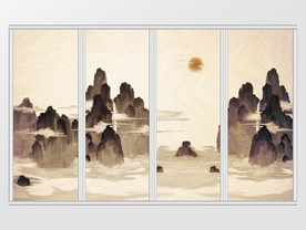 新中式水墨诗意群山山峰骄阳移门