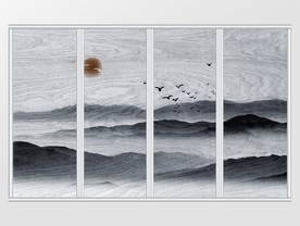 新中式水墨诗意远山群鸟向阳移门