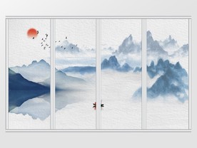 新中式写意淡雅水彩山水移门