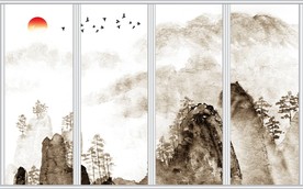 新中式唯美意境山水飞鸟移门