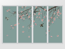 新中式工笔梅花花鸟移门