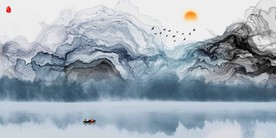 大尺寸蓝色山水烟雾屏风壁纸