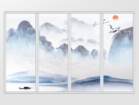 中式水墨意境山水仙鹤移门