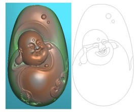 椭圆弥勒佛挂件玉雕精雕图浮雕图