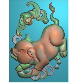 蝙蝠猪福在眼前元宝铜钱精雕图