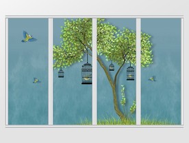 中式唯美花鸟大树移门