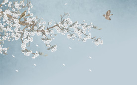 新中式手绘花鸟白玉兰蓝色背景墙