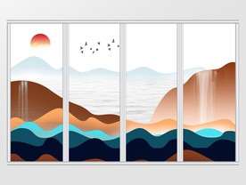 中式意境水墨山水日出移门