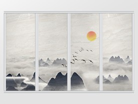 新中式水墨高峰飞鸟向阳移门