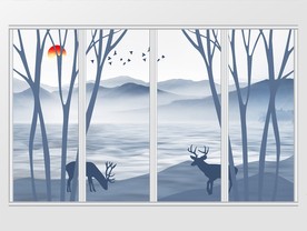 梦幻山水树林梅花鹿移门