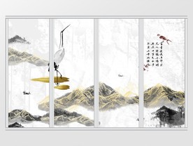 水墨抽象飞鸟山水移门