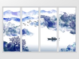 新中式手绘水墨蓝色山水画移门