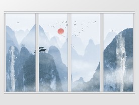中式抽象手绘山水移门