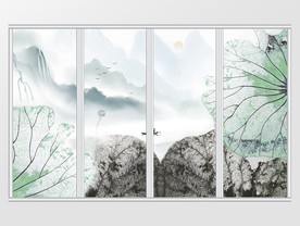 中式荷花水墨山水移门