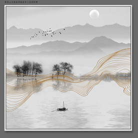 高清方形水墨线条山水画