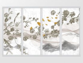 现代金色水墨蝴蝶花鸟移门