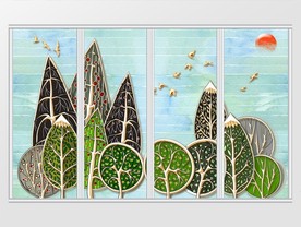 简约童趣卡通树木落日移门