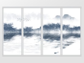 迷雾小鸟倒影山水移门
