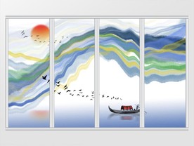 新中式手绘彩虹山水画移门