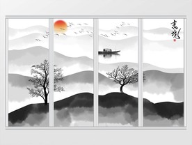 新中式禅意黑白山水画移门