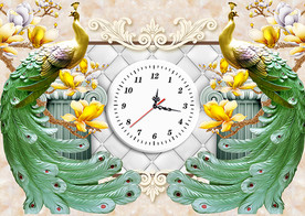 浮雕孔雀玉兰花欧式钟表背景墙