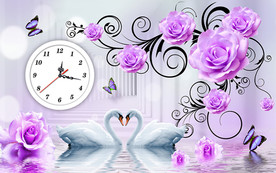 紫色玫瑰天鹅钟表无框画背景墙