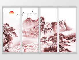 新中式山水飞鸟旭日移门