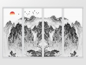 新中式水墨画飞鸟山水移门