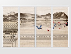 写意徽派远山飞鸟梅花树枝移门