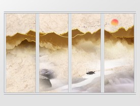 金色山峦小船流水移门