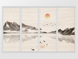 新中式诗意群鸟太阳倒影鱼儿移门