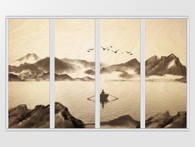 新中式水墨湖水石头远山飞鸟移门