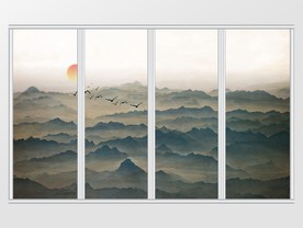 水墨远景群山飞鸟移门