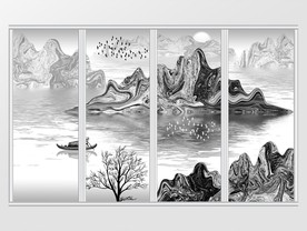 中式抽象山水画移门