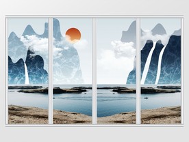 中式意境山水画海边风景移门