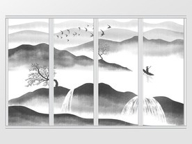 新中式手绘写意黑白山水画移门