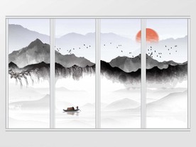 新中式中国风山峦小船夕阳移门