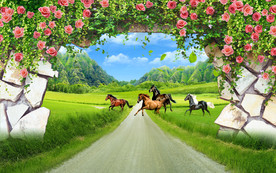 石墙花藤拱门画中画电视背景墙