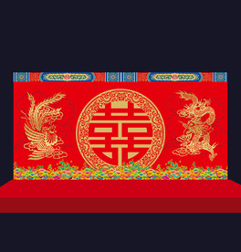 中式汉唐大红金色婚礼舞台背景