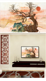 水墨山水大理石麋鹿电视背景墙