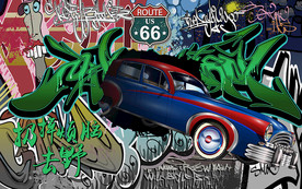 汽车3D立体破洞涂鸦背景墙