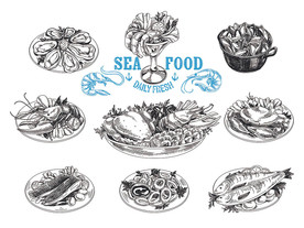 手绘海鲜菜品矢量插画素材